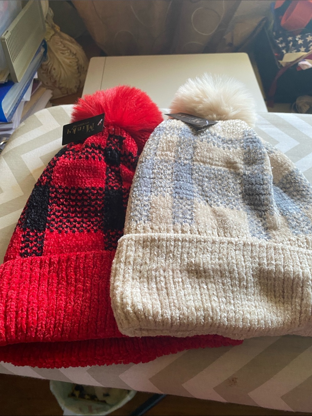 2 Red & Black and cream Pom Beanies